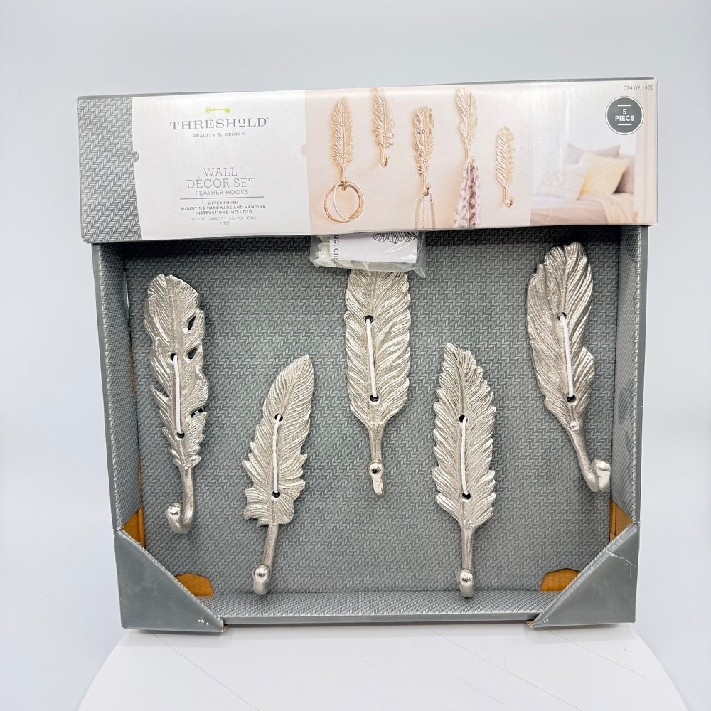 THRESHOLD Silver Feather Wall Hooks‎ Set Of 5 Metal Rustic Decor NIB Hangers